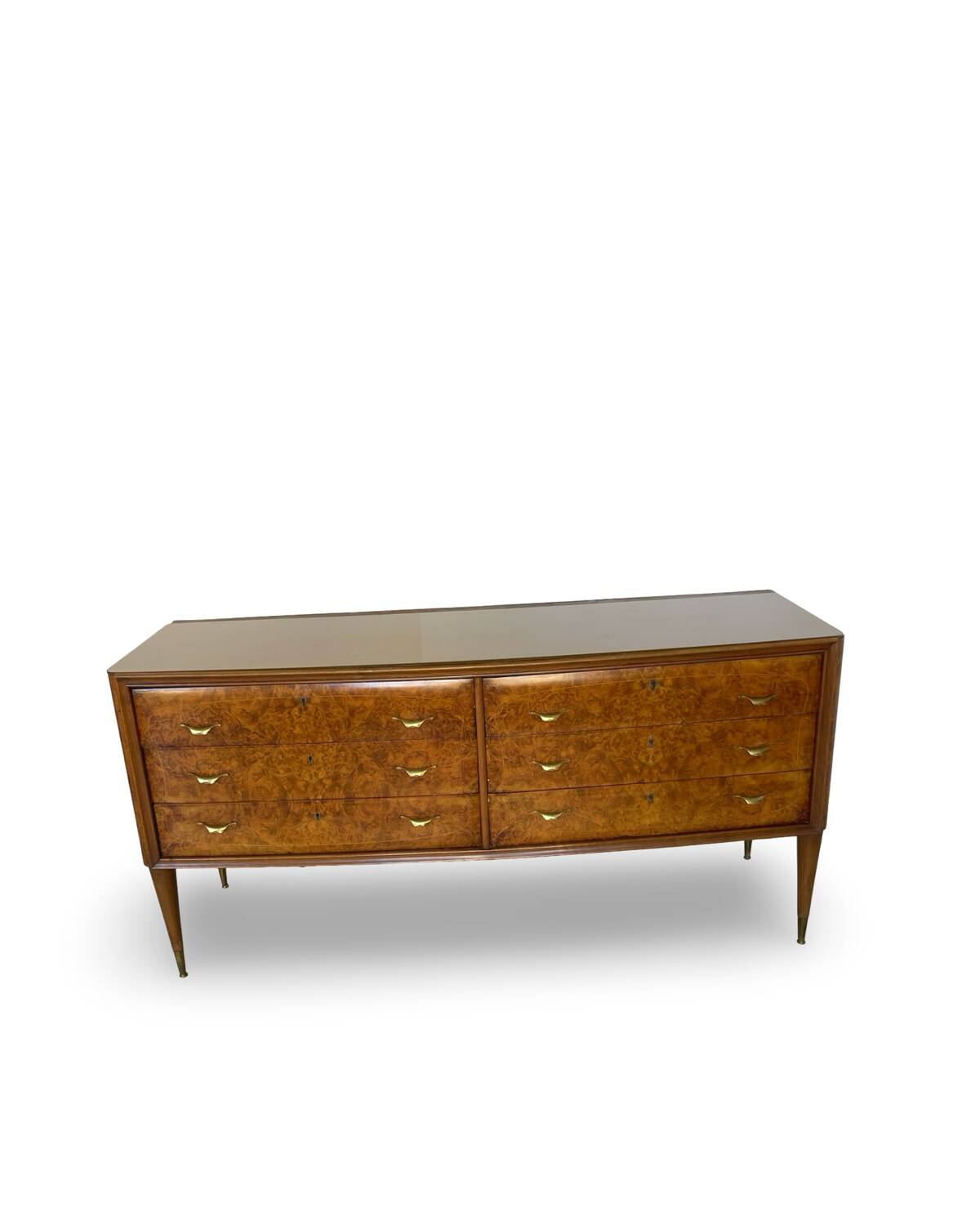 Veneered burl walnut chest of drawers with light warm brown glass top