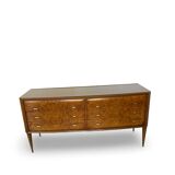 Veneered burl walnut chest of drawers with light warm brown glass top