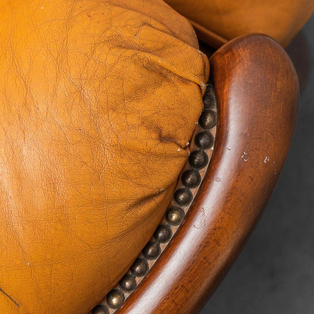 Pair of leather and wood armchairs 1950s vintage modernism