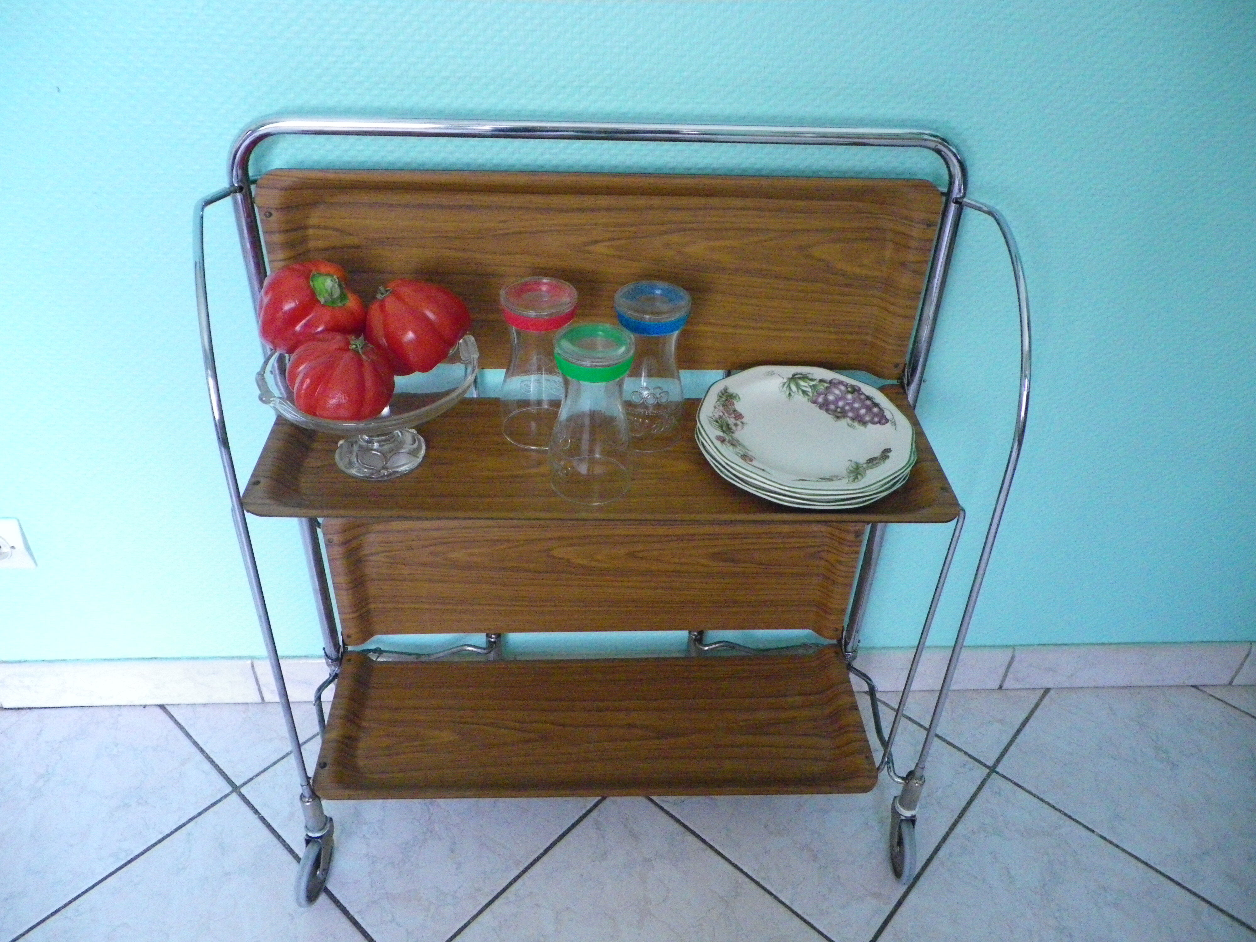 Dessert, extra furniture, folding, on wheels, formica, chrome metal, 60s