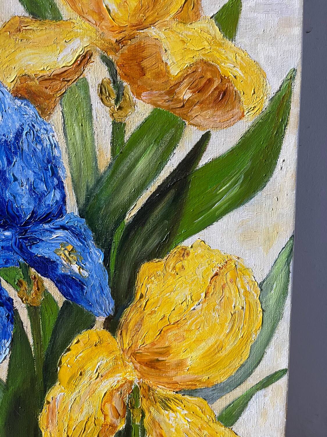 Blue and yellow irises, signed