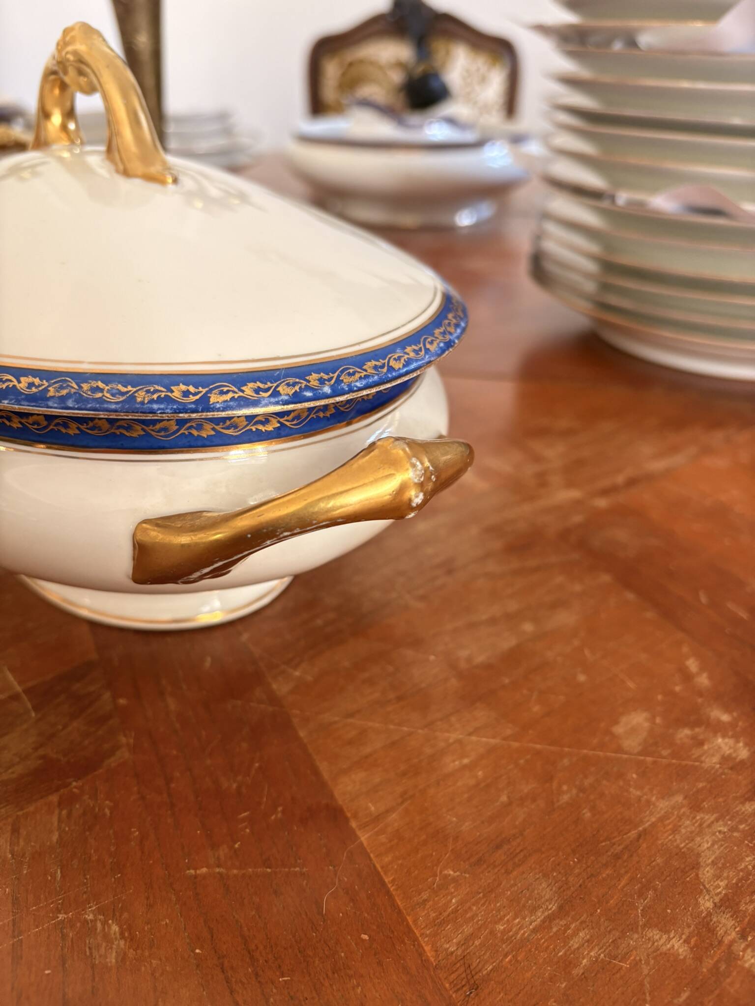 Small Soup Tureen Porcelain Limoges Blue Gold Betoule & Legrand France 1/2