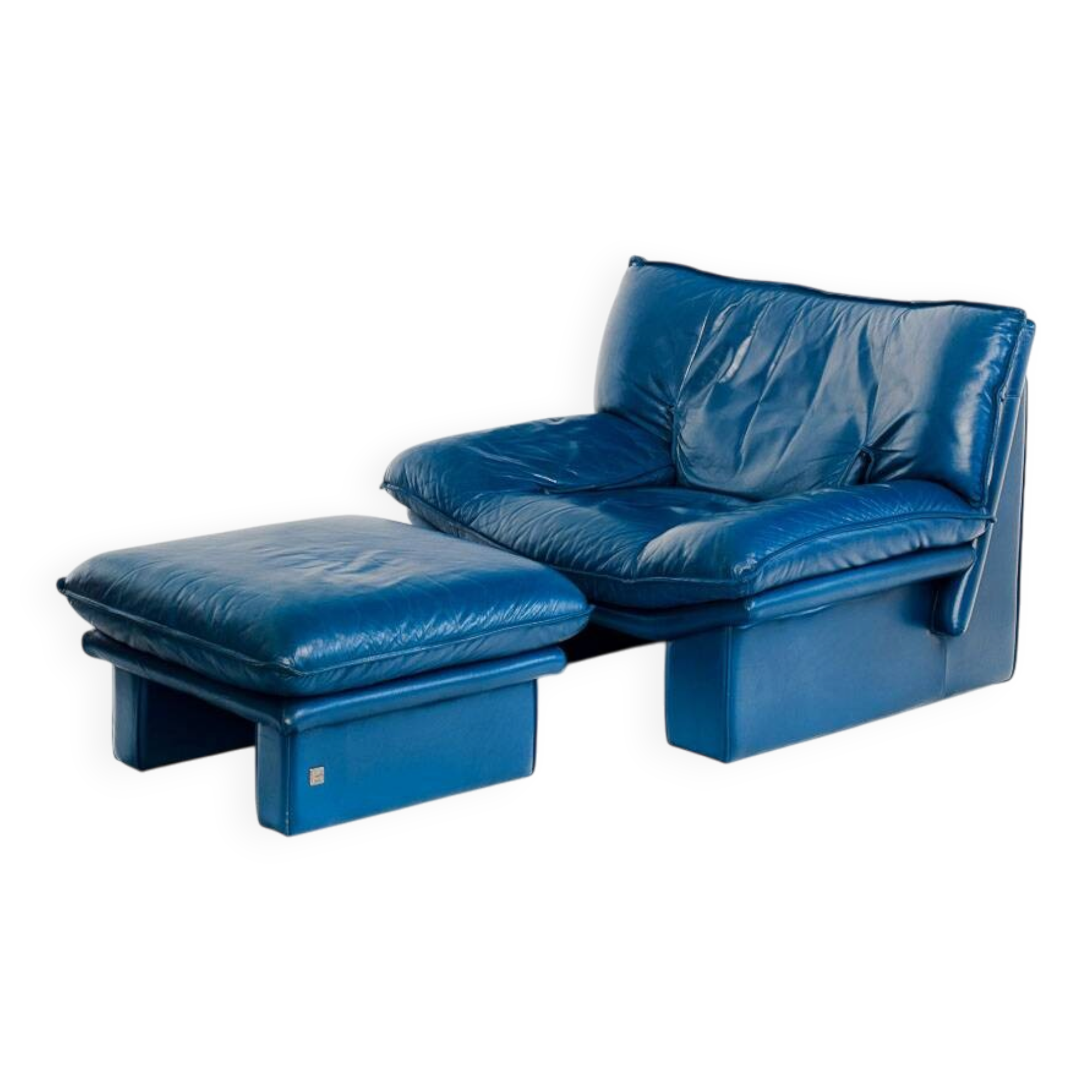 Vintage blue leather armchair and pouf by Nicoletti Salotti - Italy 80s