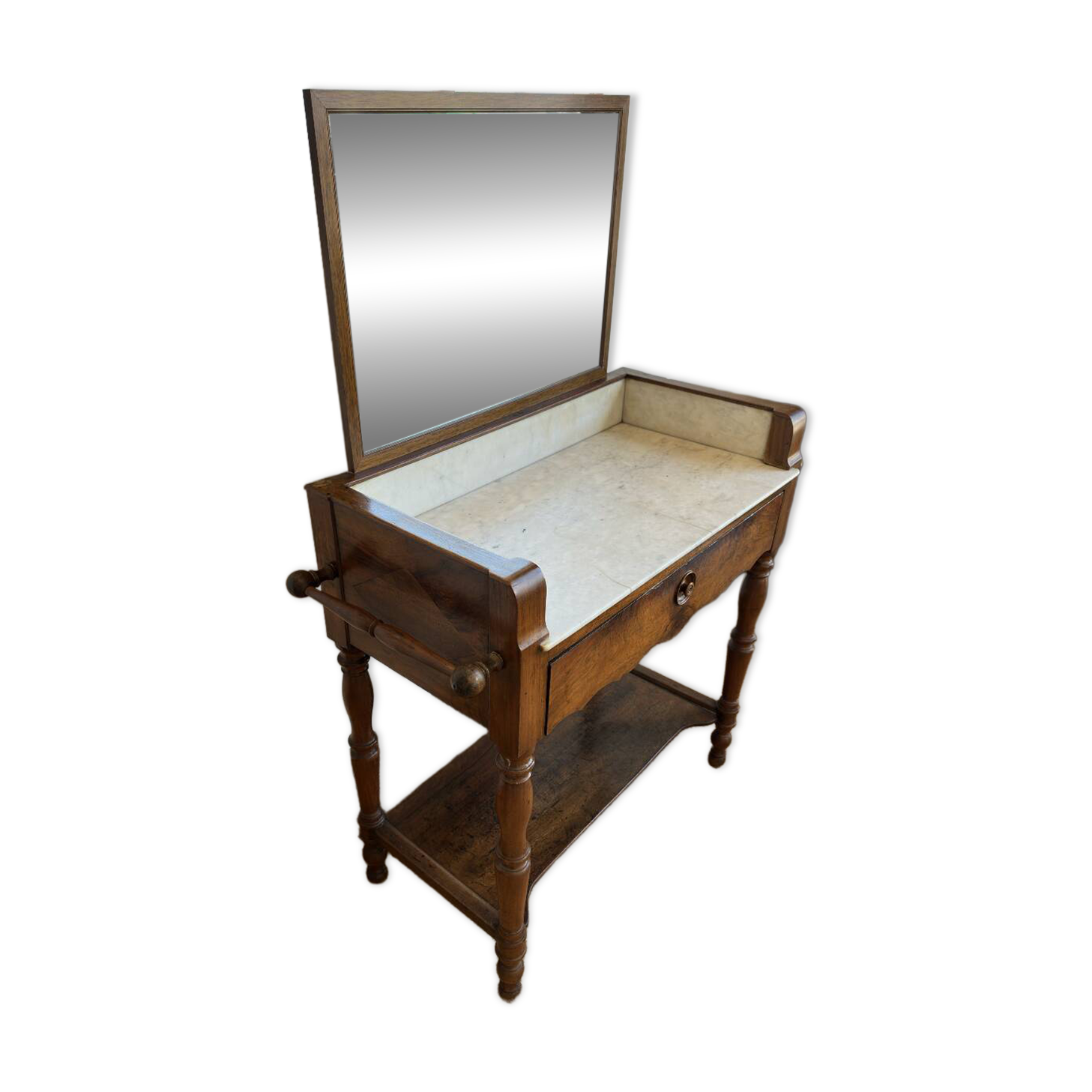 Meuble de toilette ancien avec marbre blanc et miroir