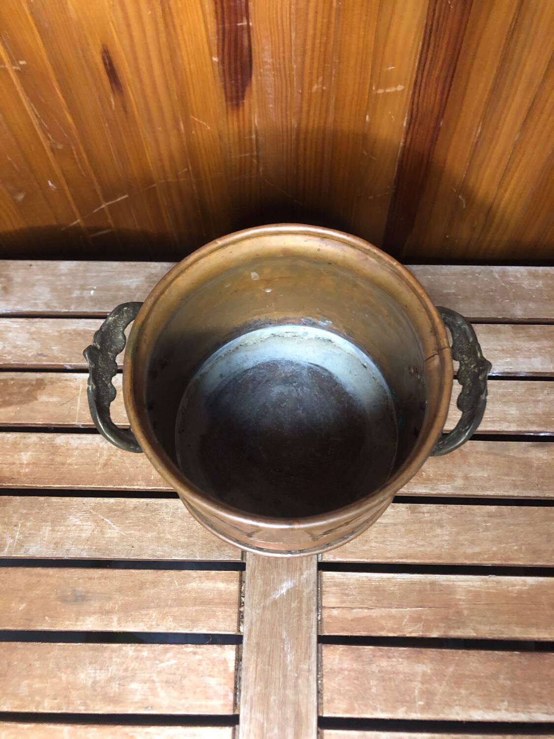 Old copper pot + vintage brass handles #a531