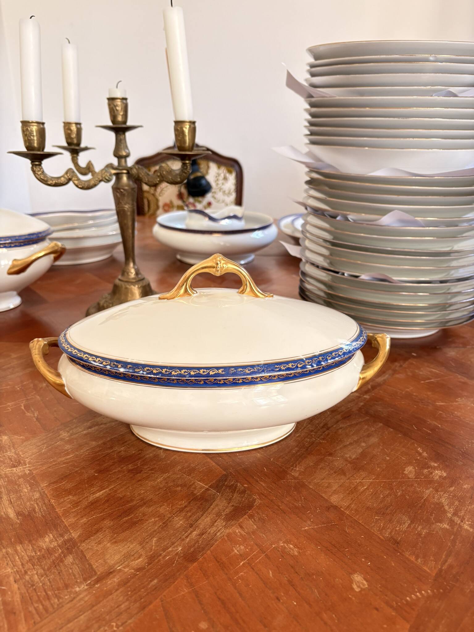Small Soup Tureen Porcelain Limoges Blue Gold Betoule & Legrand France 1/2