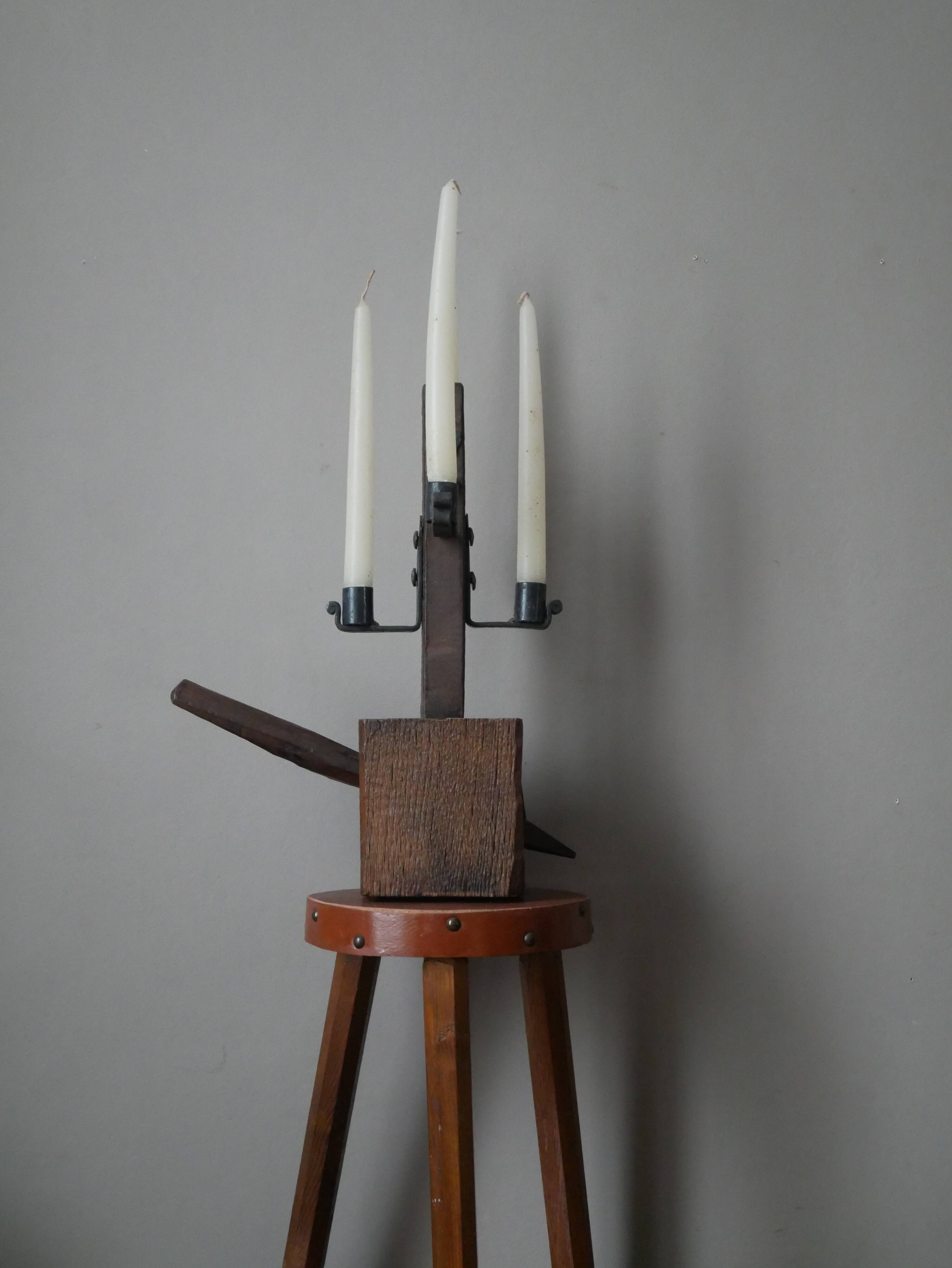 Candle holder wood wrought iron folk art decoration brutalist handmade countryside candlestick candelabra