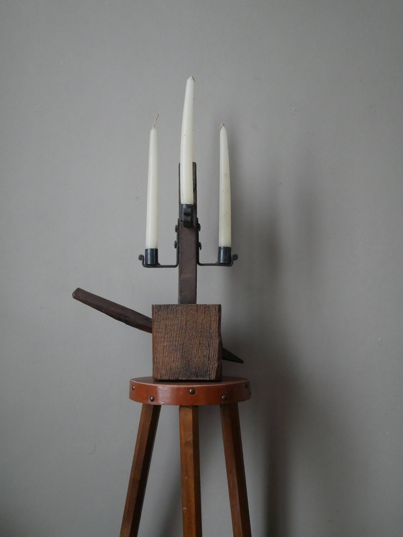 Candle holder wood wrought iron folk art decoration brutalist handmade countryside candlestick candelabra