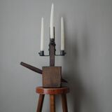 Candle holder wood wrought iron folk art decoration brutalist handmade countryside candlestick candelabra