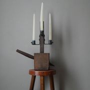 Candle holder wood wrought iron folk art decoration brutalist handmade countryside candlestick candelabra