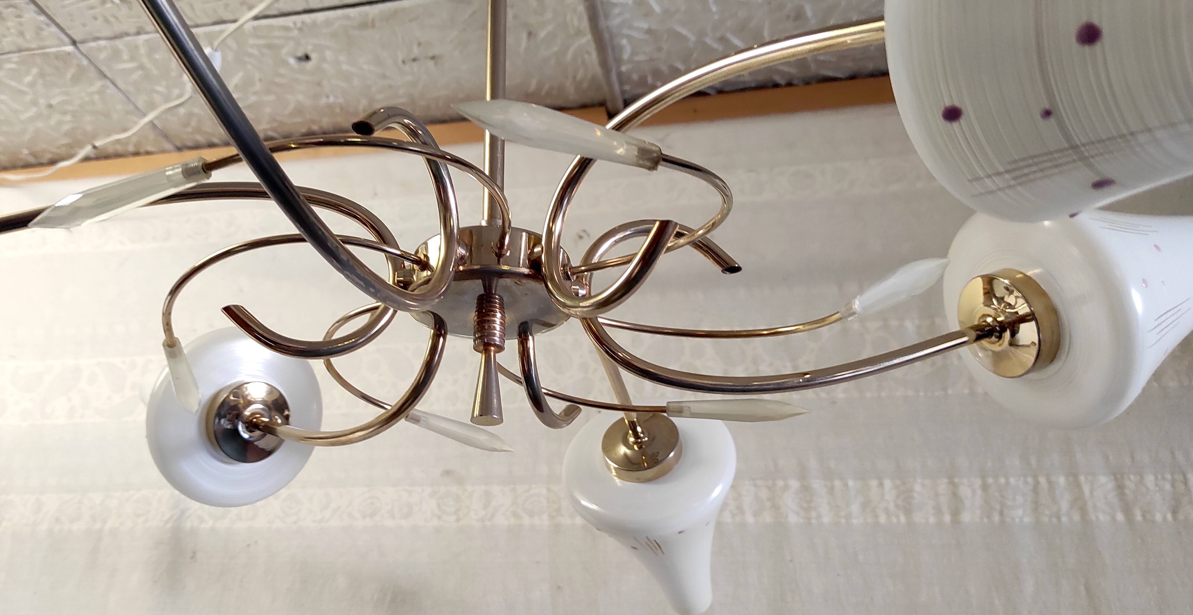 Lustre 6 feux moderniste en laiton doré - années 50/60