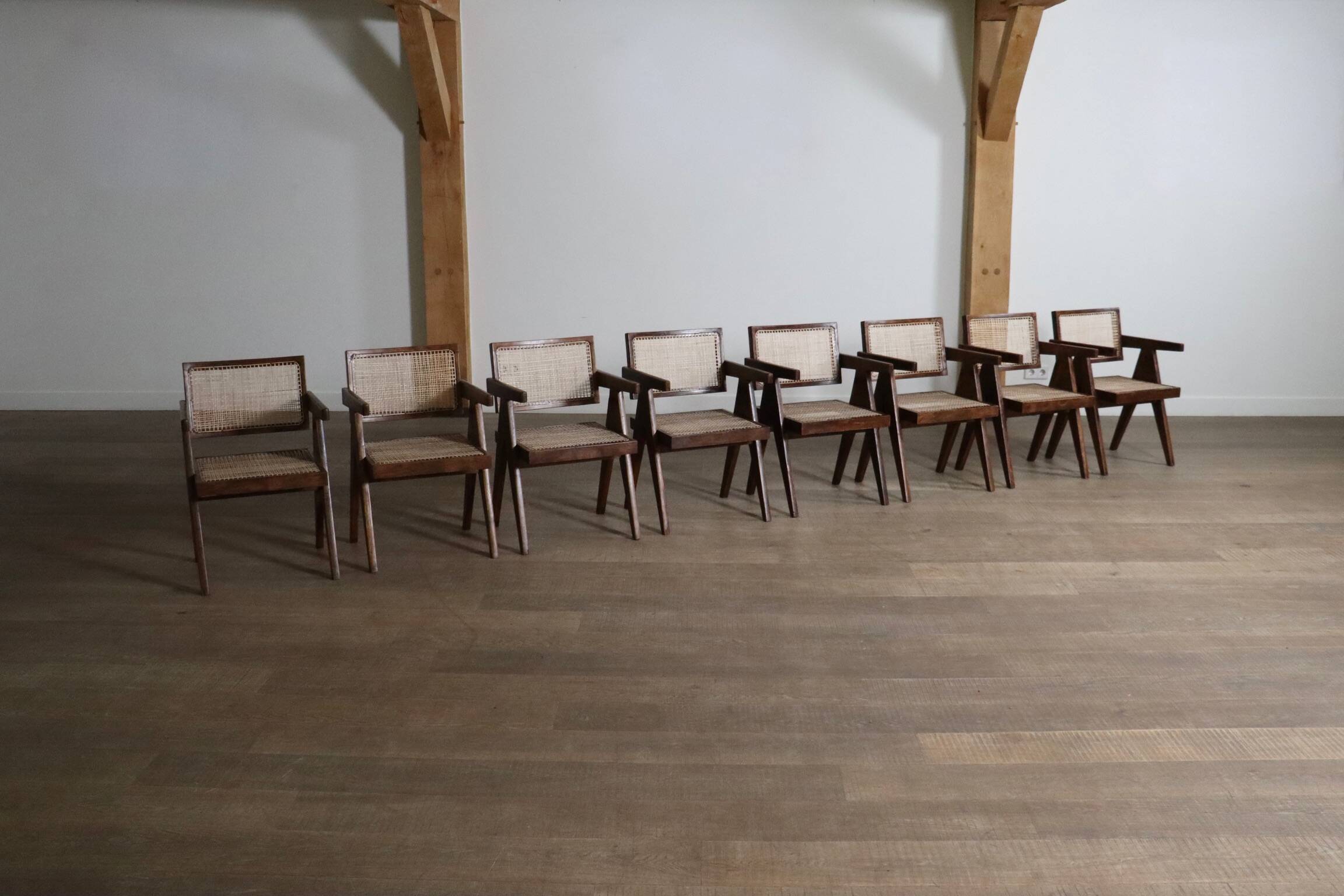 Set of 8 Pierre Jeanneret Office Cane Chairs, India 1950s