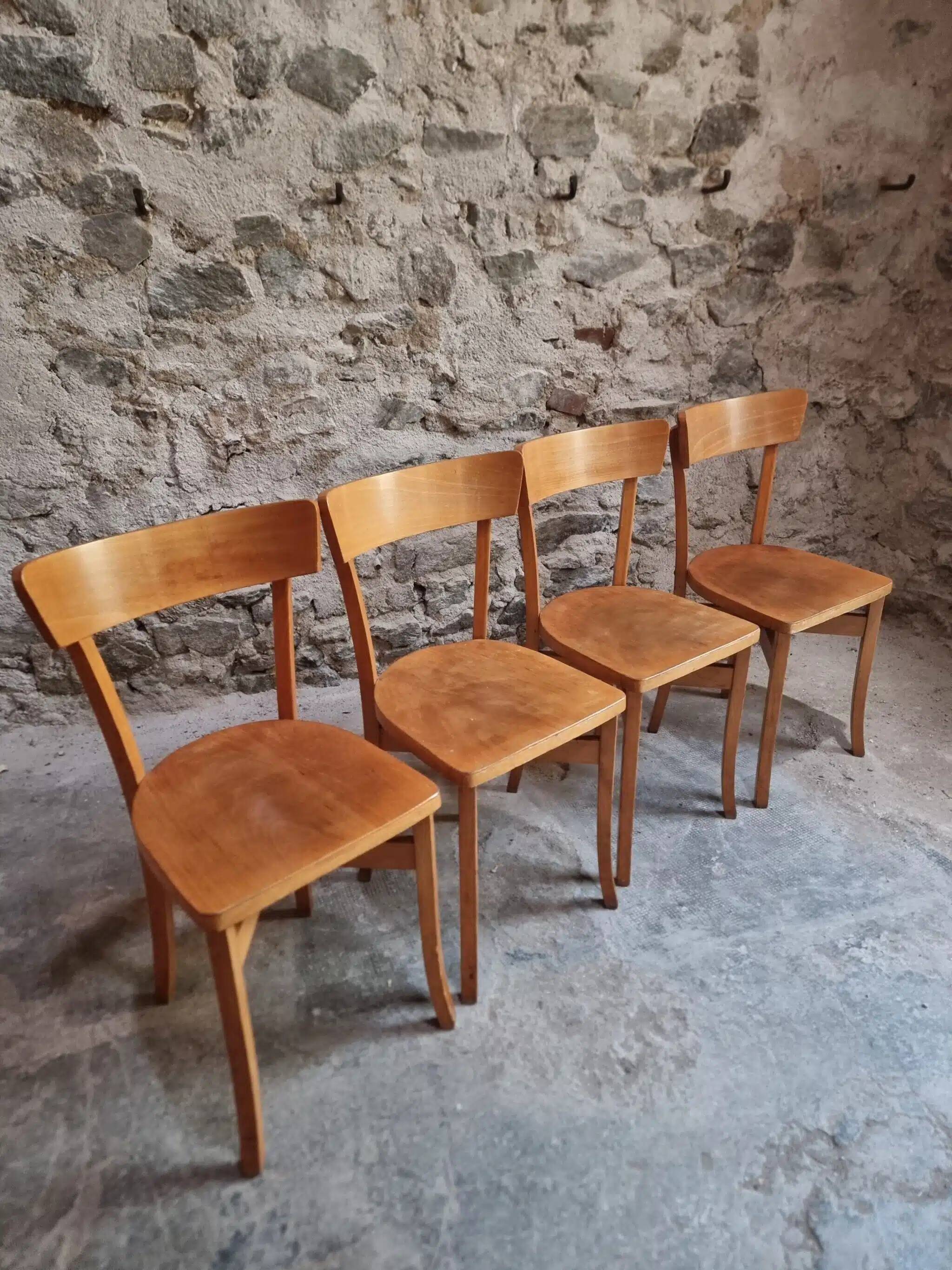 Set of 4 French bistro chairs, beech and plywood, 1960s, mid-century dining chairs.