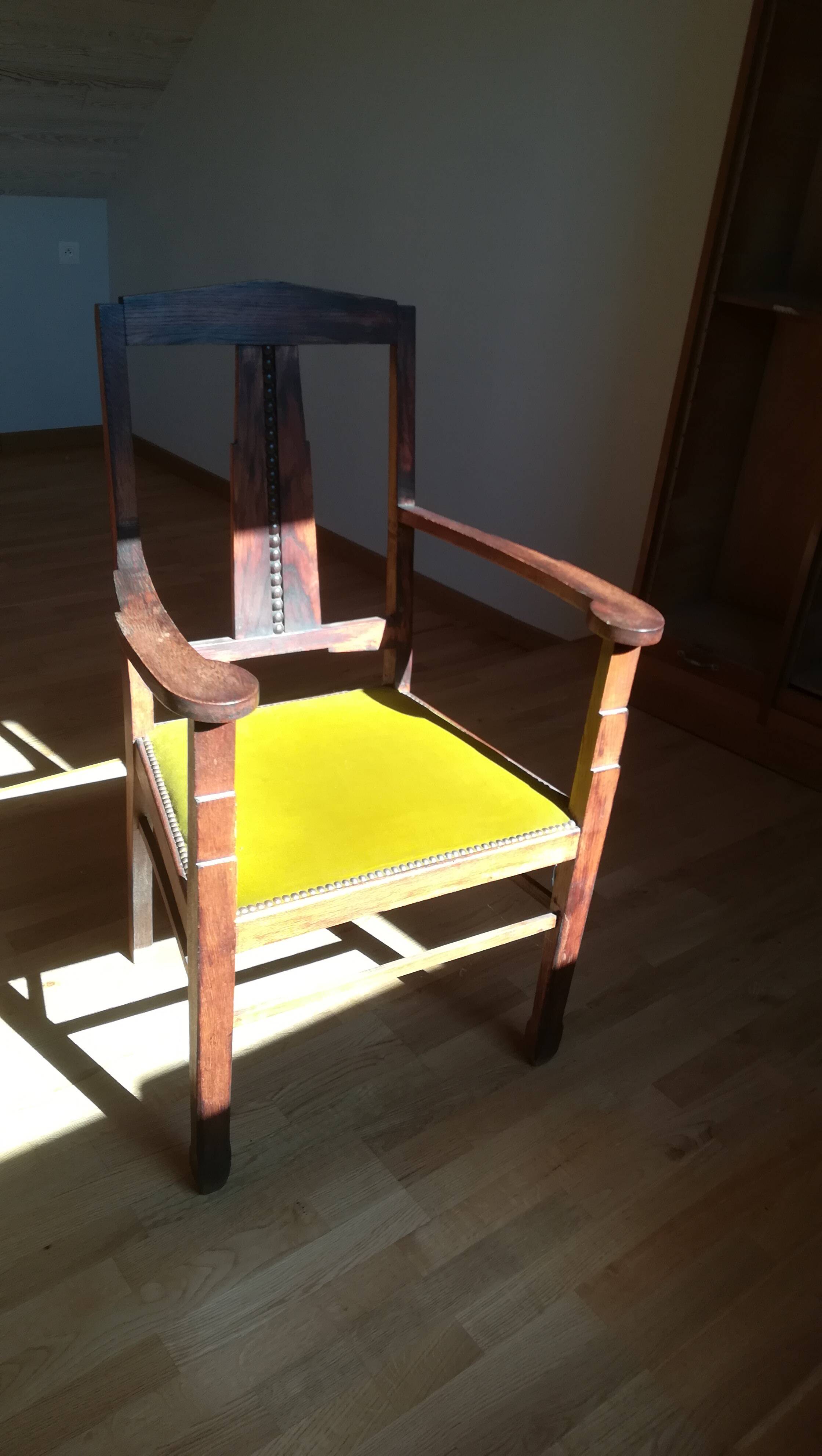 Oak and velvet armchair circa
