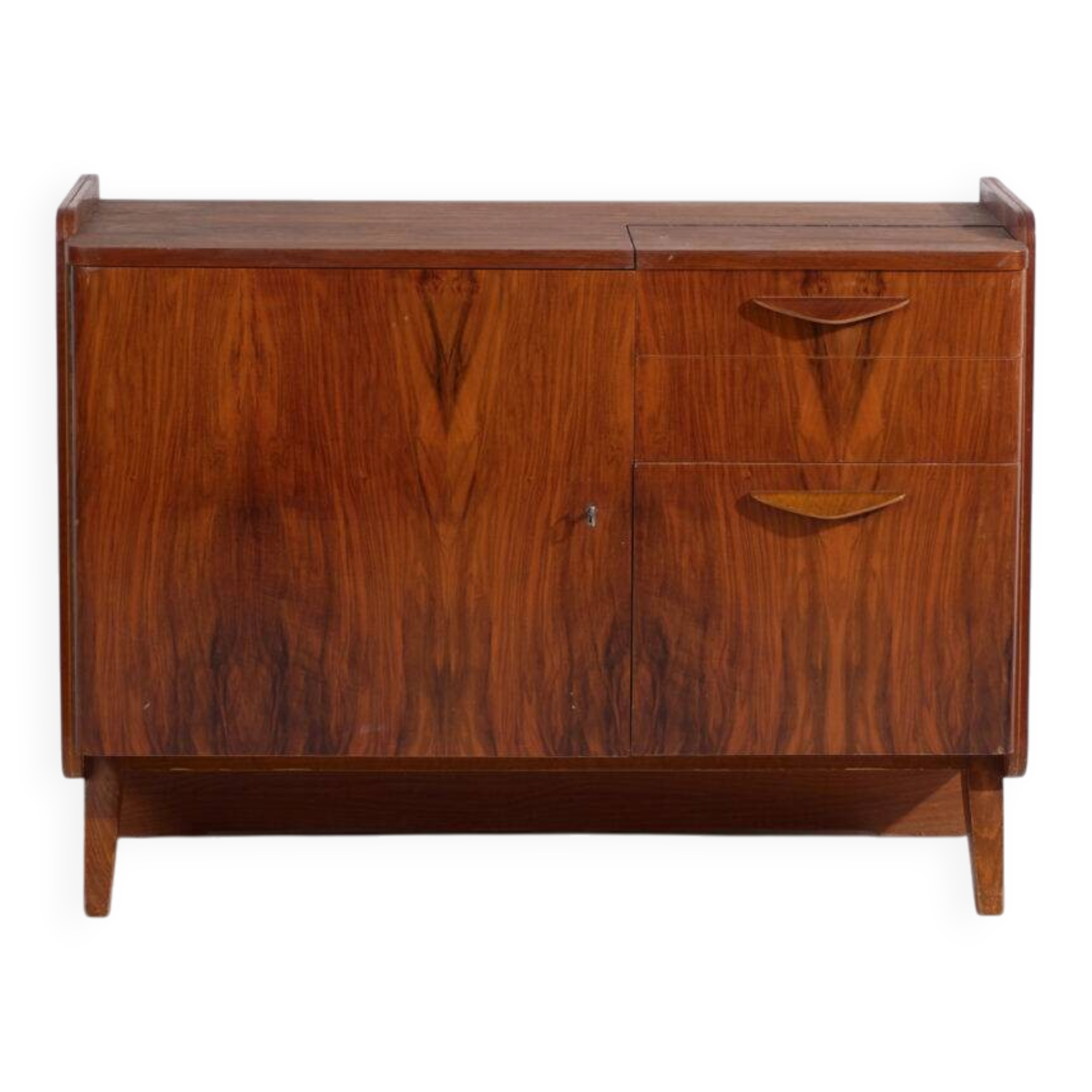 Mid-century walnut veneer sideboard with triangular handles – Czechoslovakia, circa 1960