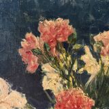 Bouquet of carnations in a blue and white vase, signed
