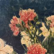 Bouquet d’œillets en vase bleu et blanc, signée