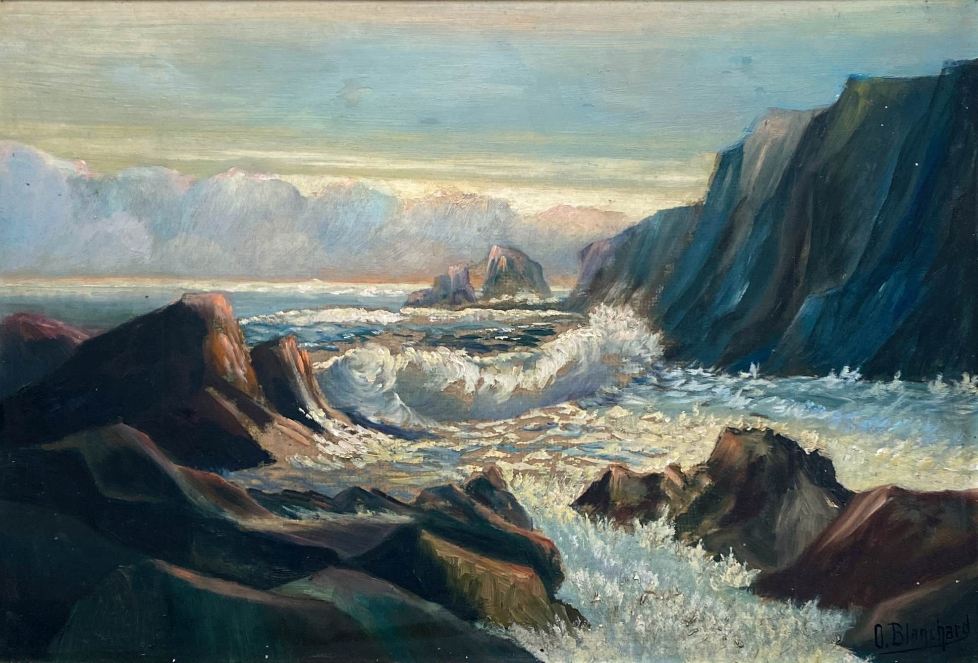 HSP painting "Seaside at sunset" signed O. Blanchard + Marine frame