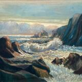 HSP painting "Seaside at sunset" signed O. Blanchard + Marine frame