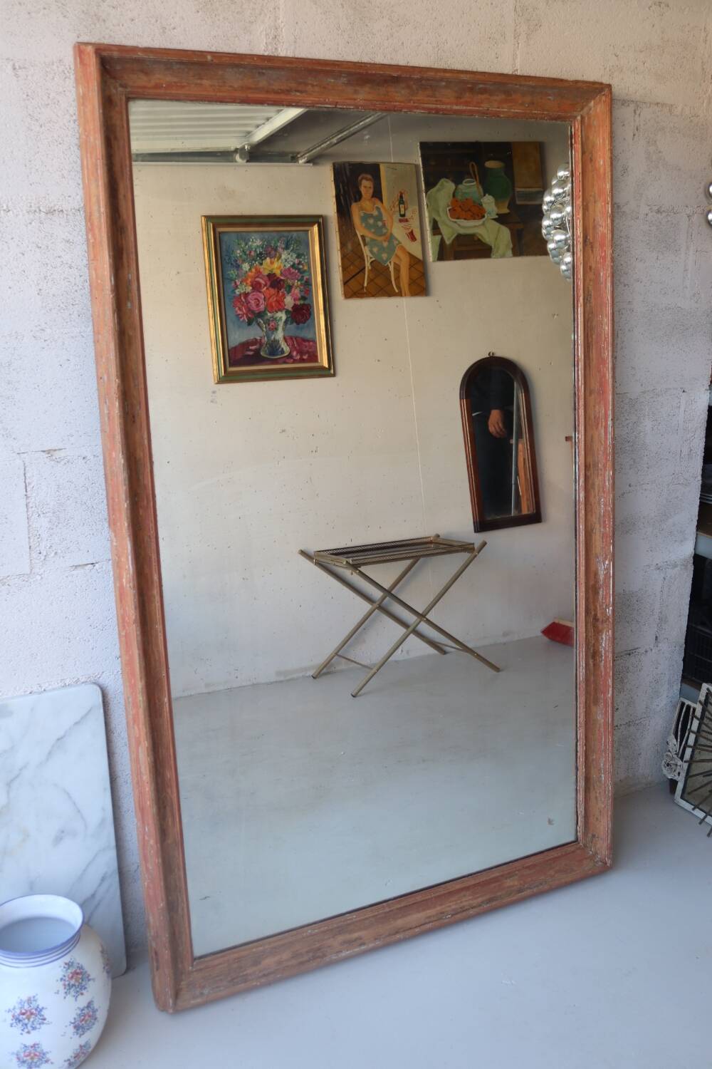 Large antique mirror in patinated wood h170cm