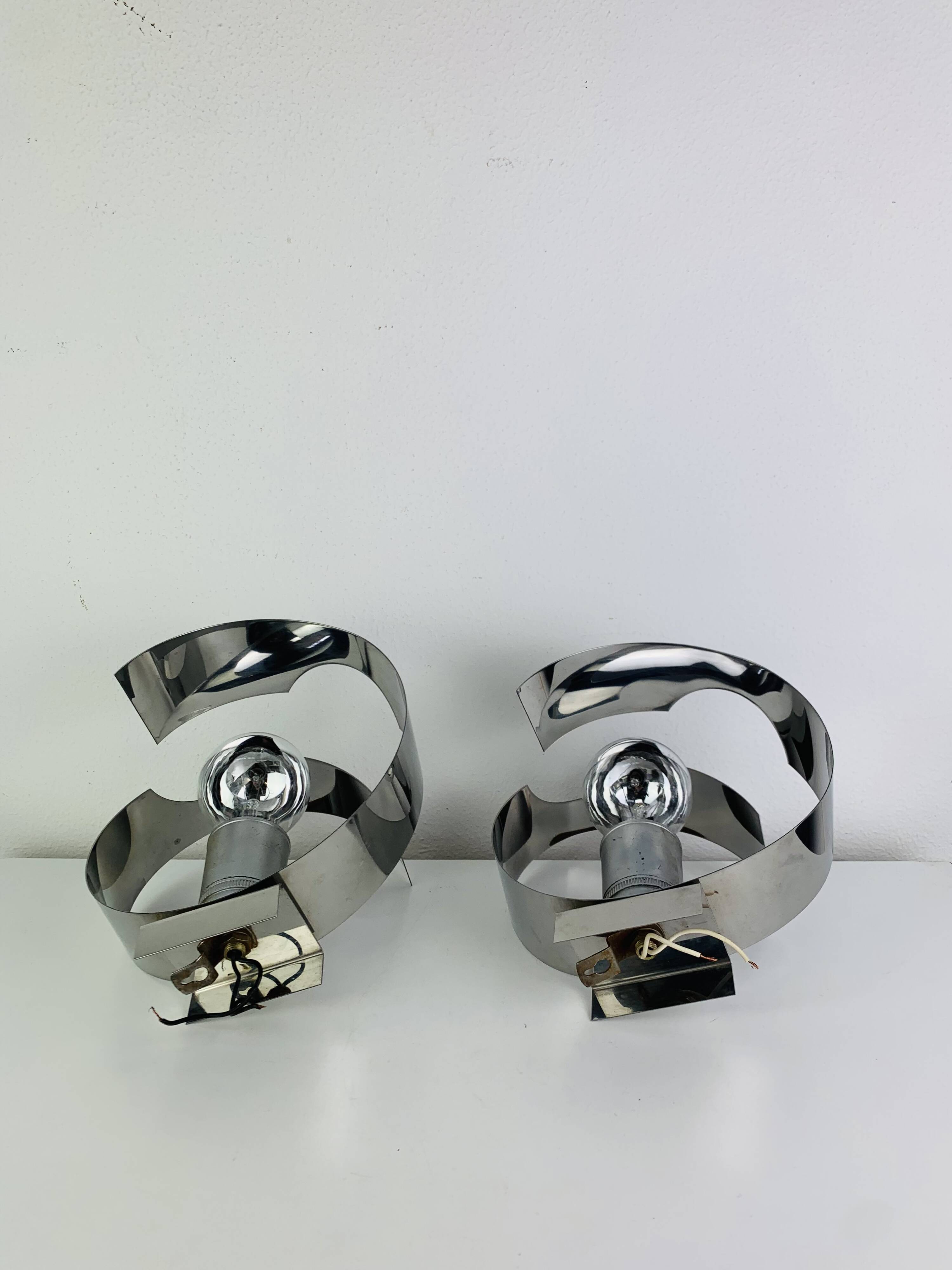 Pair of chrome spiral wall lights from the seventies/Space Age, 1970s.
