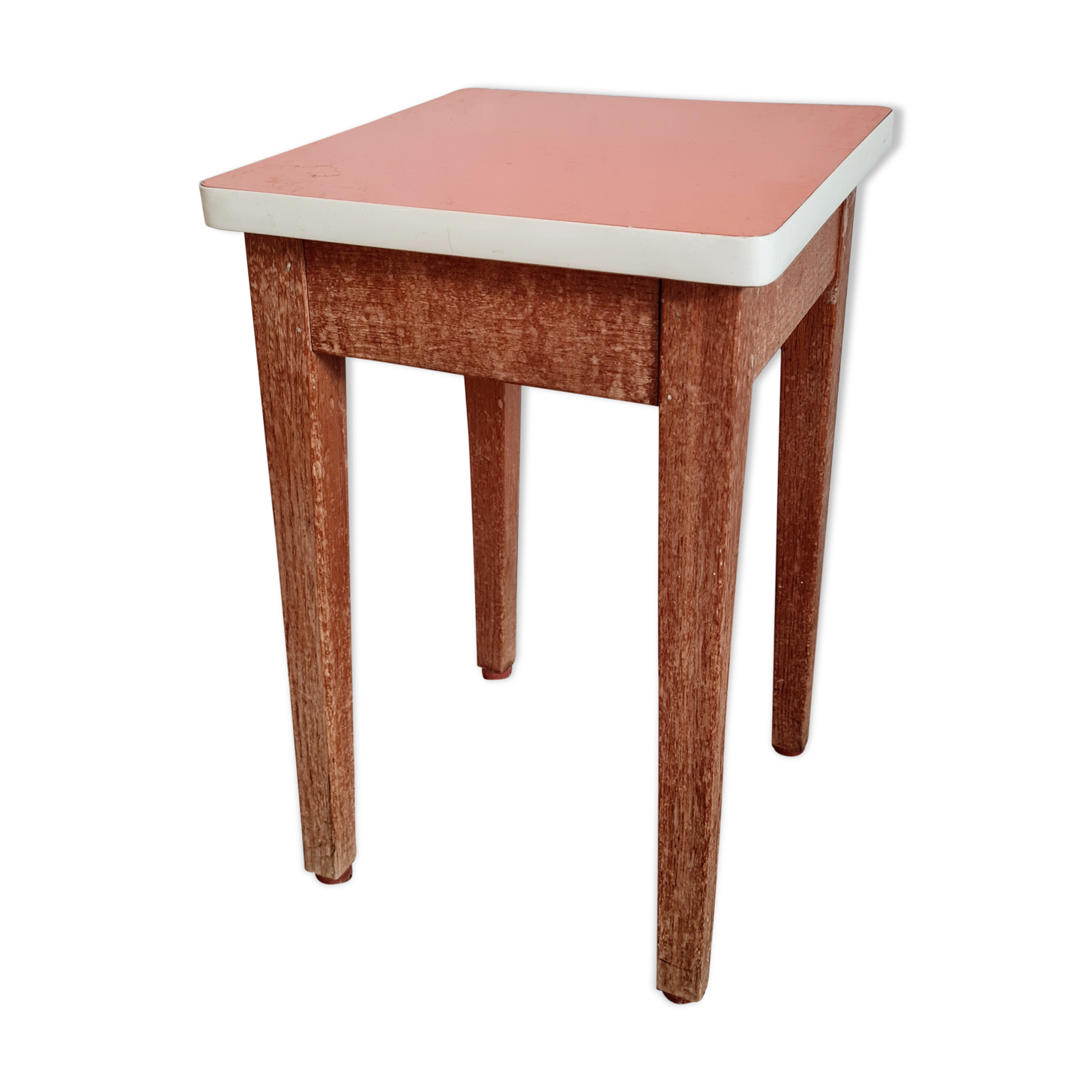 Wooden wax stool and orange formica