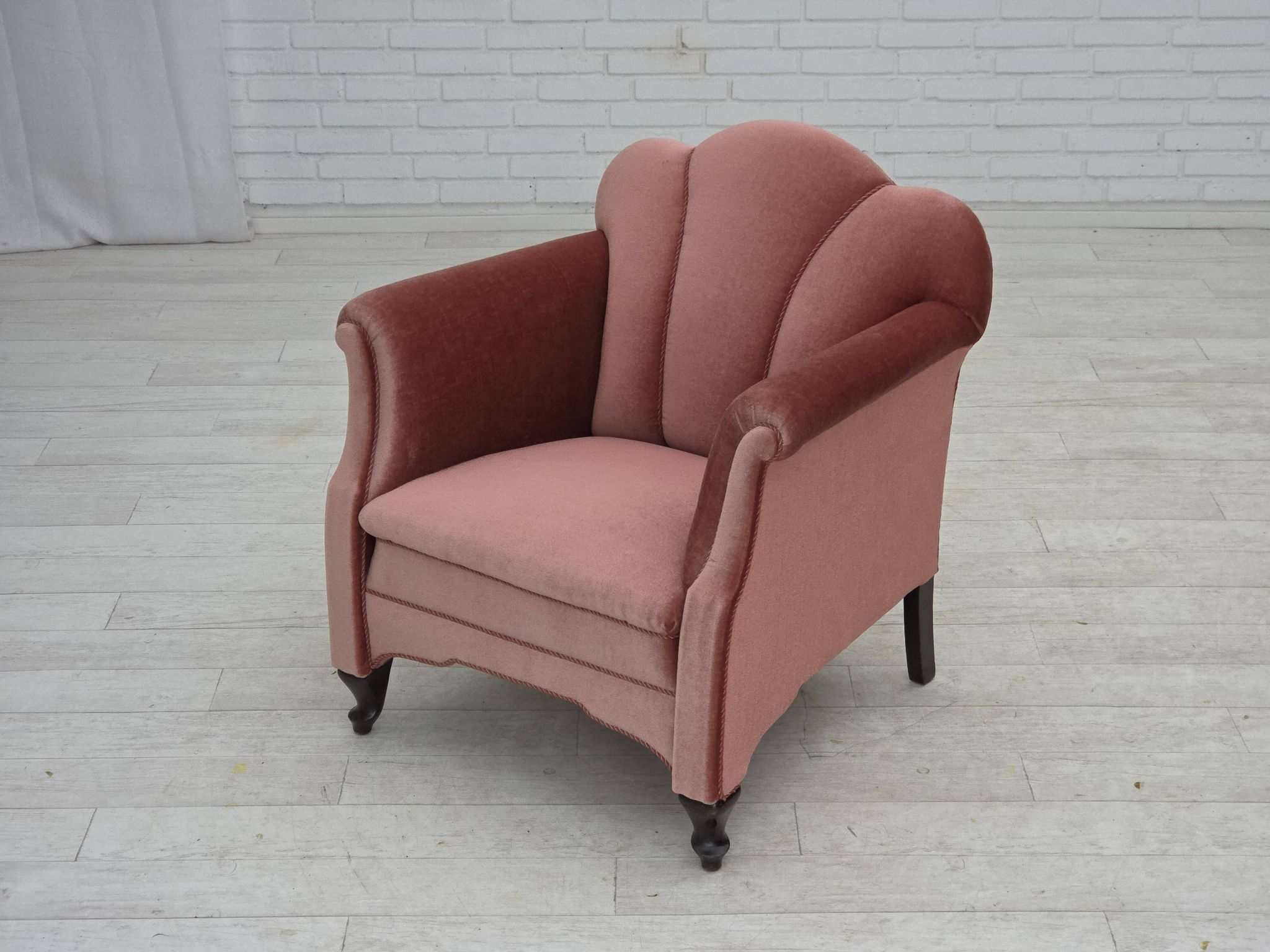 1950s, Danish armchair, salmon pink furniture velour, oak wood.