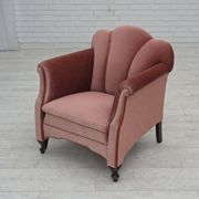 1950s, Danish armchair, salmon pink furniture velour, oak wood.