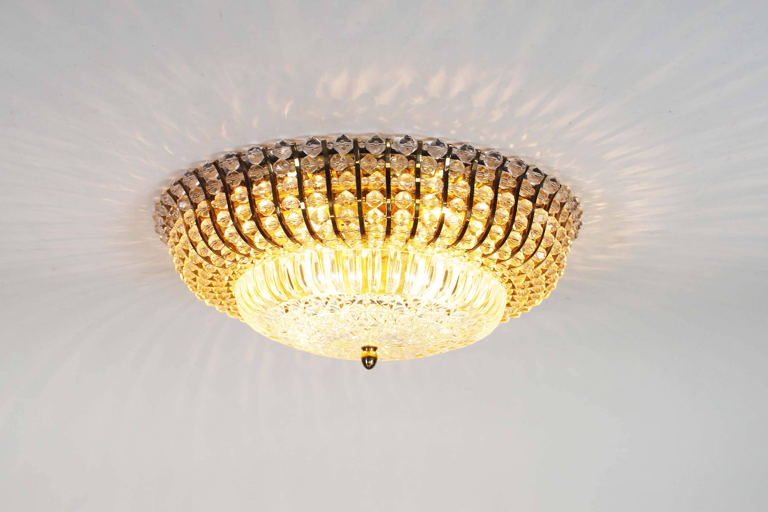 Large vintage brass and glass flush mount light by Palwa