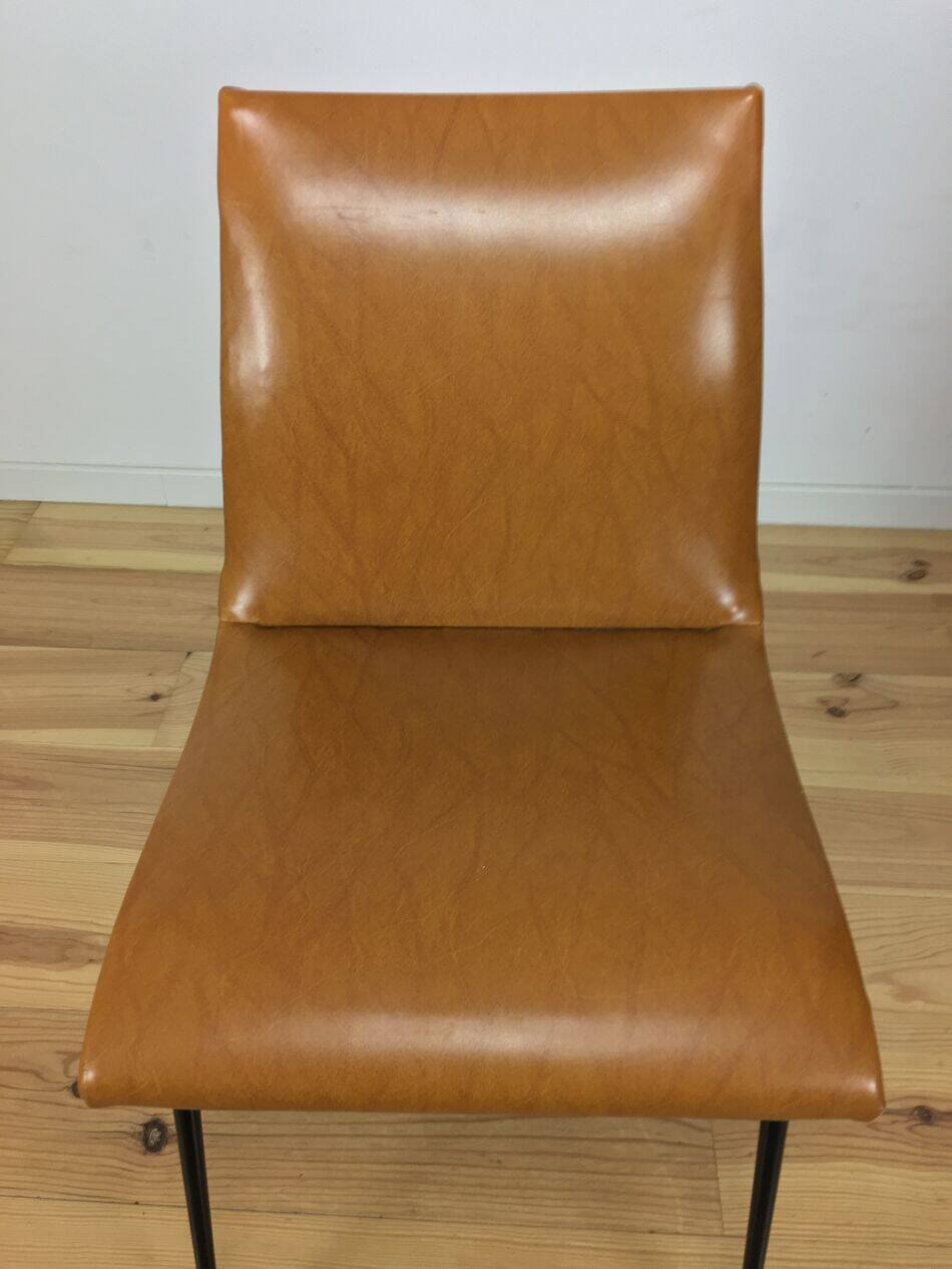 Pair of 1950s chairs with compass legs and brown faux leather.