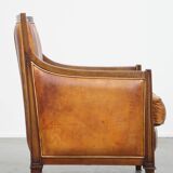 Cognac-Colored Sheepskin Leather Art Deco Design Chair Combined with Wood