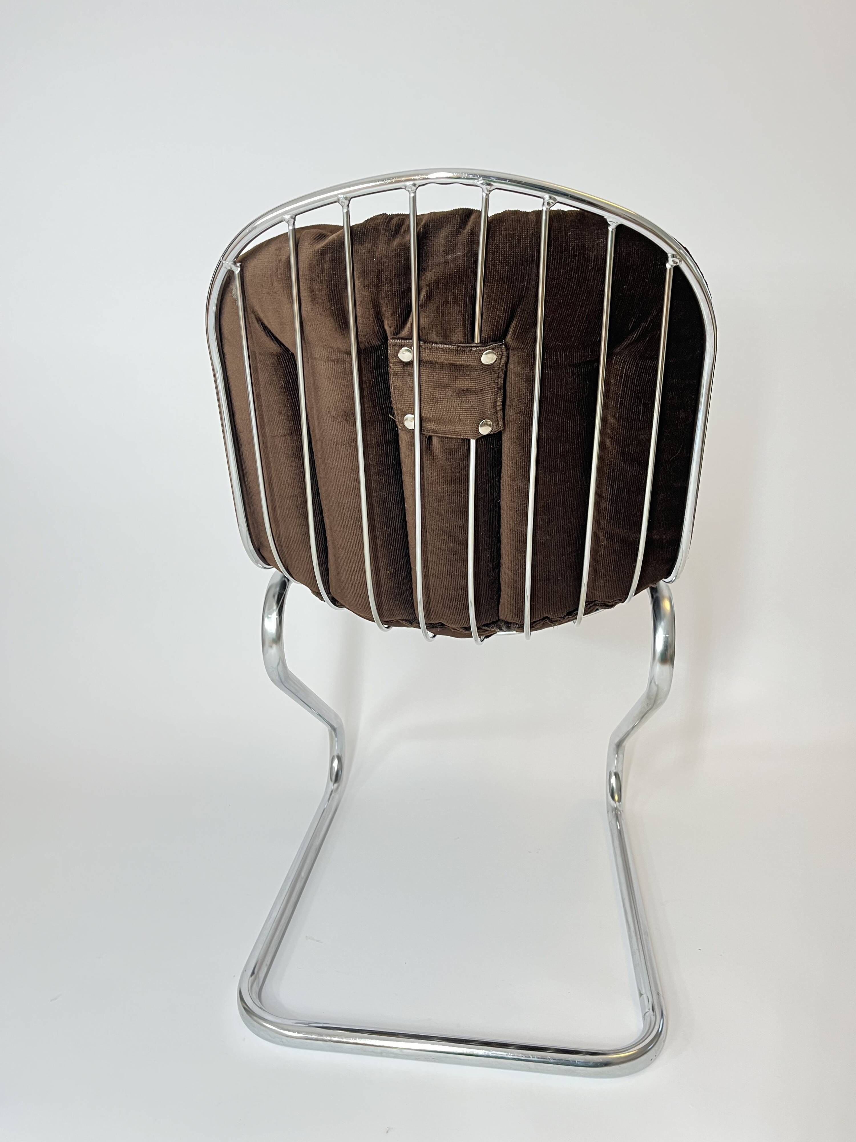 Vintage Metal Dining Chairs Brown Velvet Cushions, Italy, 1970s, Set of 3