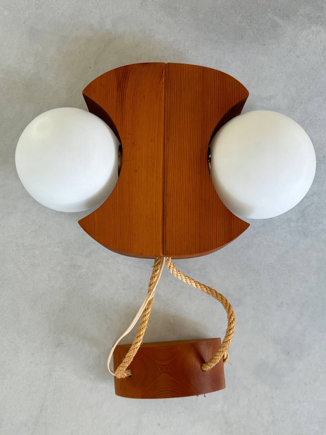 Scandinavian design chandelier pendant, rope, opaline and pine, from the 1980s