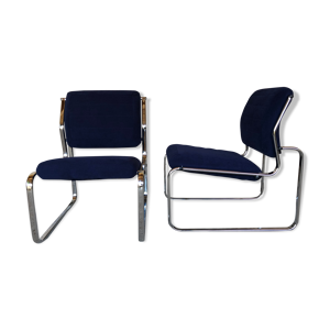 Paire de fauteuils vintage chrome et microfibre bleue circa 70