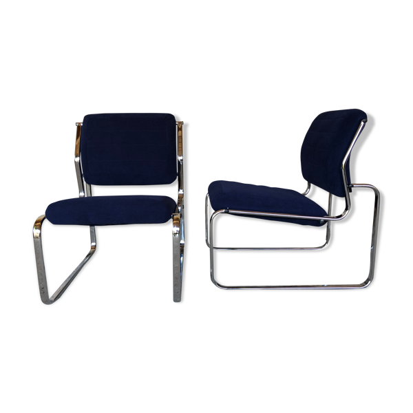 Paire de fauteuils vintage chrome et microfibre bleue circa 70