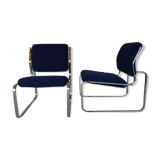 Pair of vintage chrome and blue microfibre armchairs circa 70