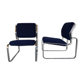 Pair of vintage armchairs chrome and microfiber blue circa 70