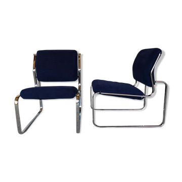 Pair of vintage chrome and blue microfibre armchairs circa 70