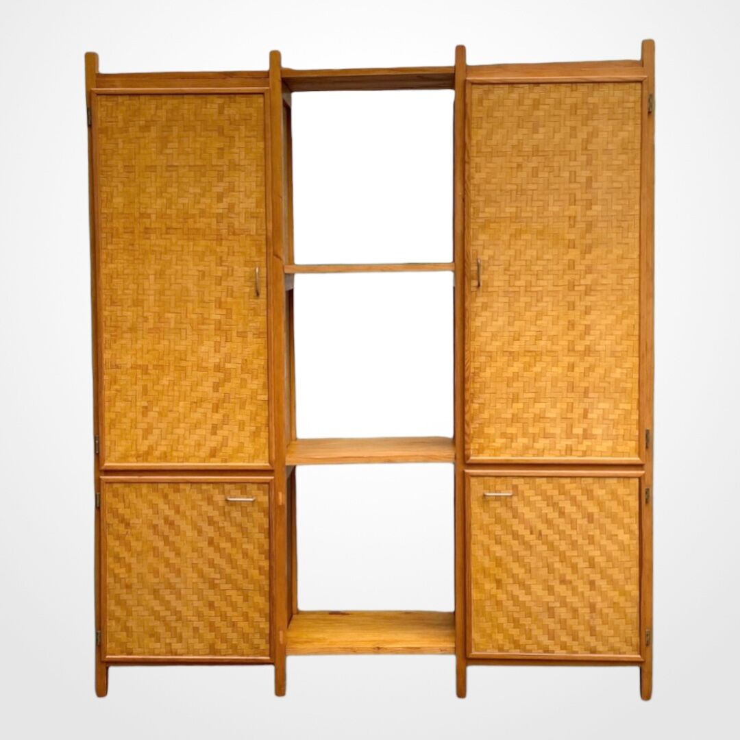 Bamboo cabinet woven and modular pine vintage 1960