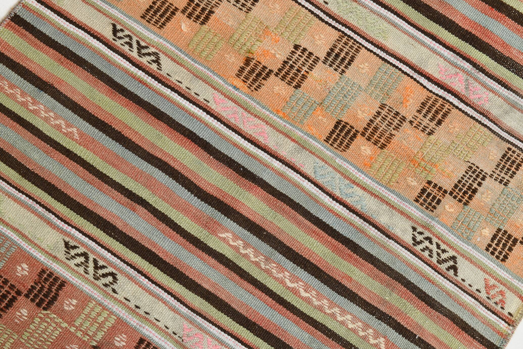 2x9 Green & Orange Striped Kilim Runner Rug, 74x276Cm