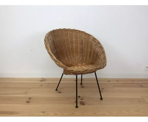 Rattan and wicker basket armchair, 50s-60s
