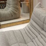 Togo Ligne Roset armchair by Michel Ducaroy in mocha, taupe, and beige bouclette