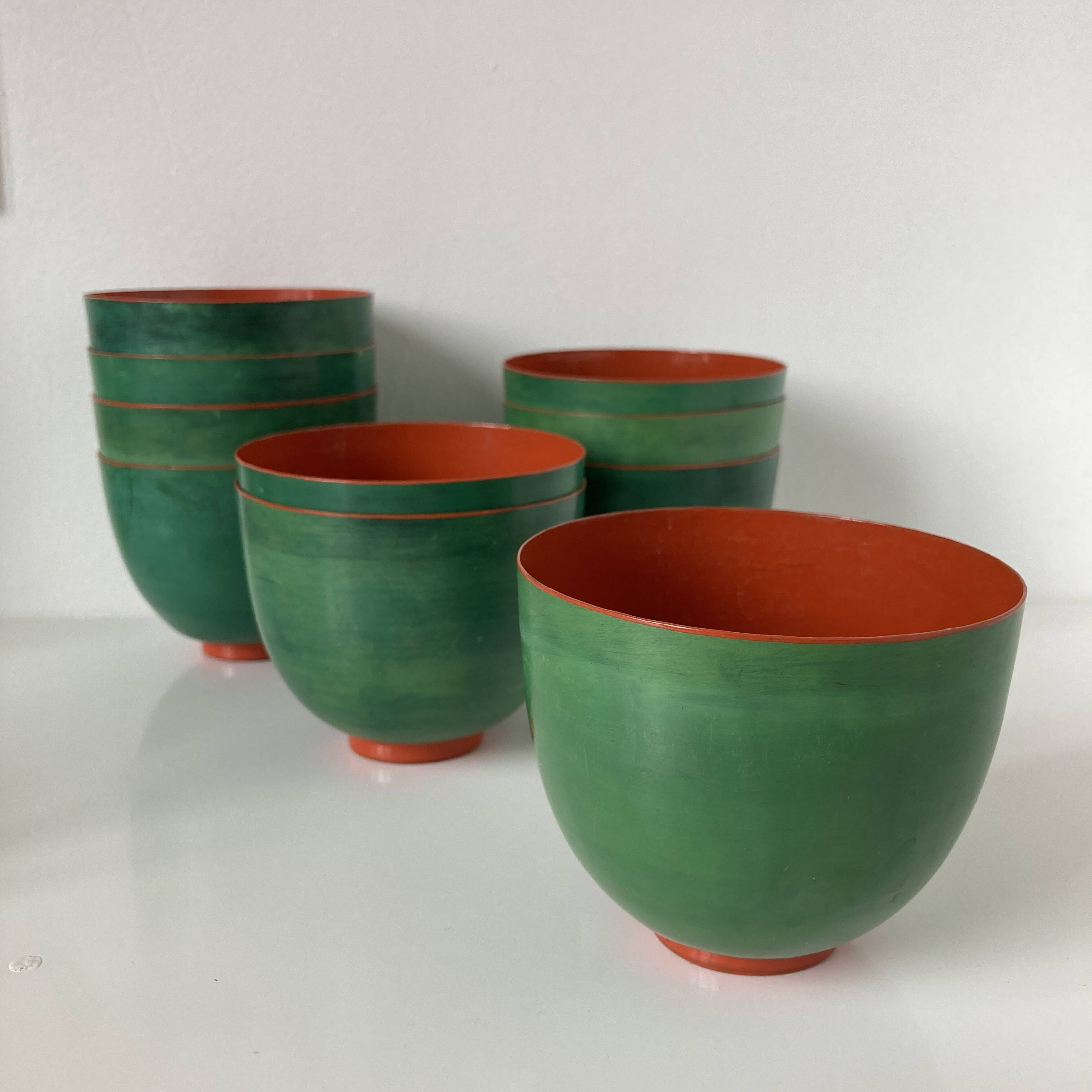 Set of ten vintage Burmese bowls made of lacquered bamboo wickerwork.