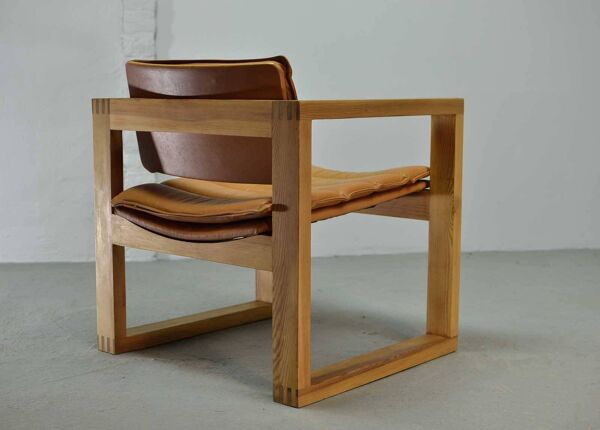 Chaise d'appoint cubique en pin et cuir cognac, design hollandais, Ate van Apeldoorn, années 70
