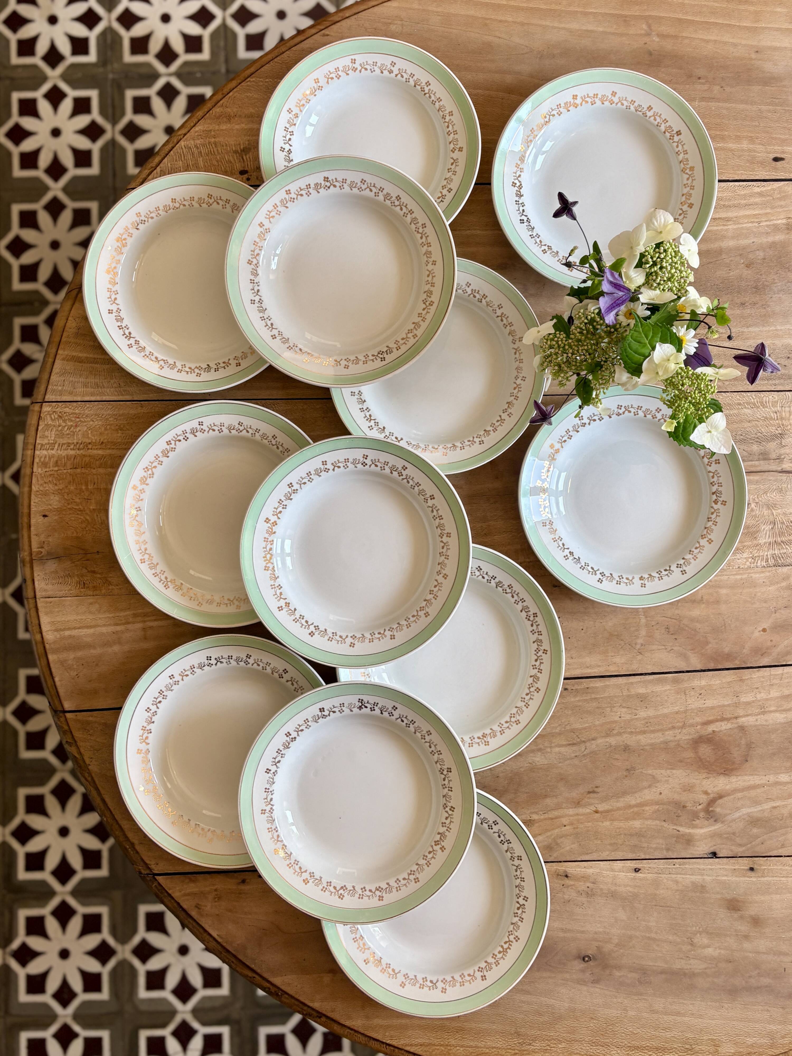 Set of 12 white, mint and gold soup plates, Mosèle de Luné model