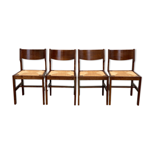 Chaises paillées en orme massif vintage 1960