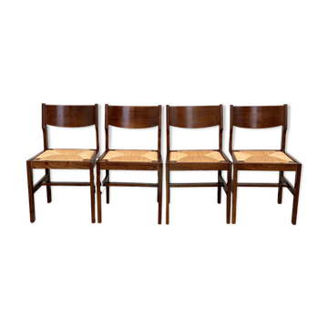 Chaises paillées en orme massif vintage 1960