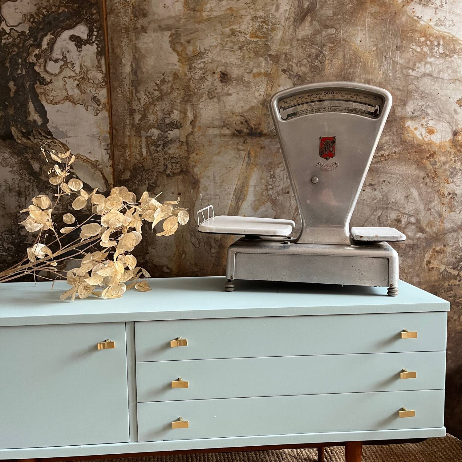 Seventies freshwater blue and brass sideboard