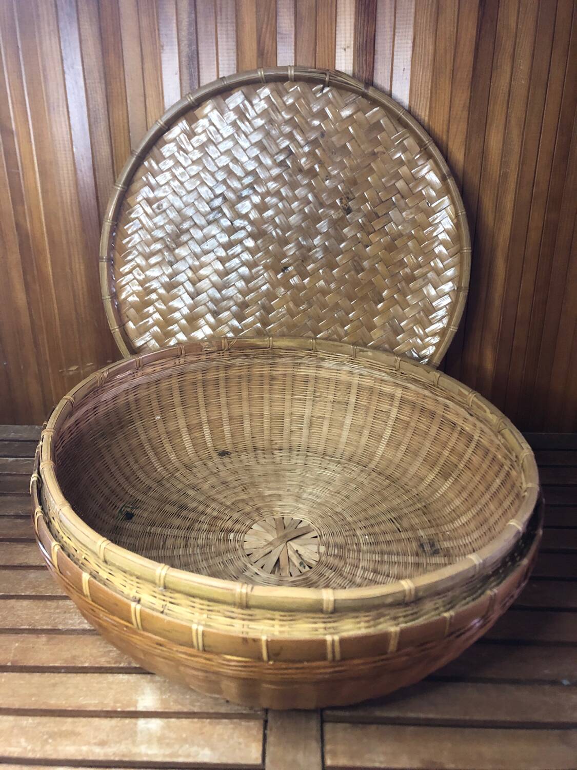 Old vintage rattan & woven straw basket