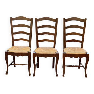 3 chaises bois massif paillées type ferme